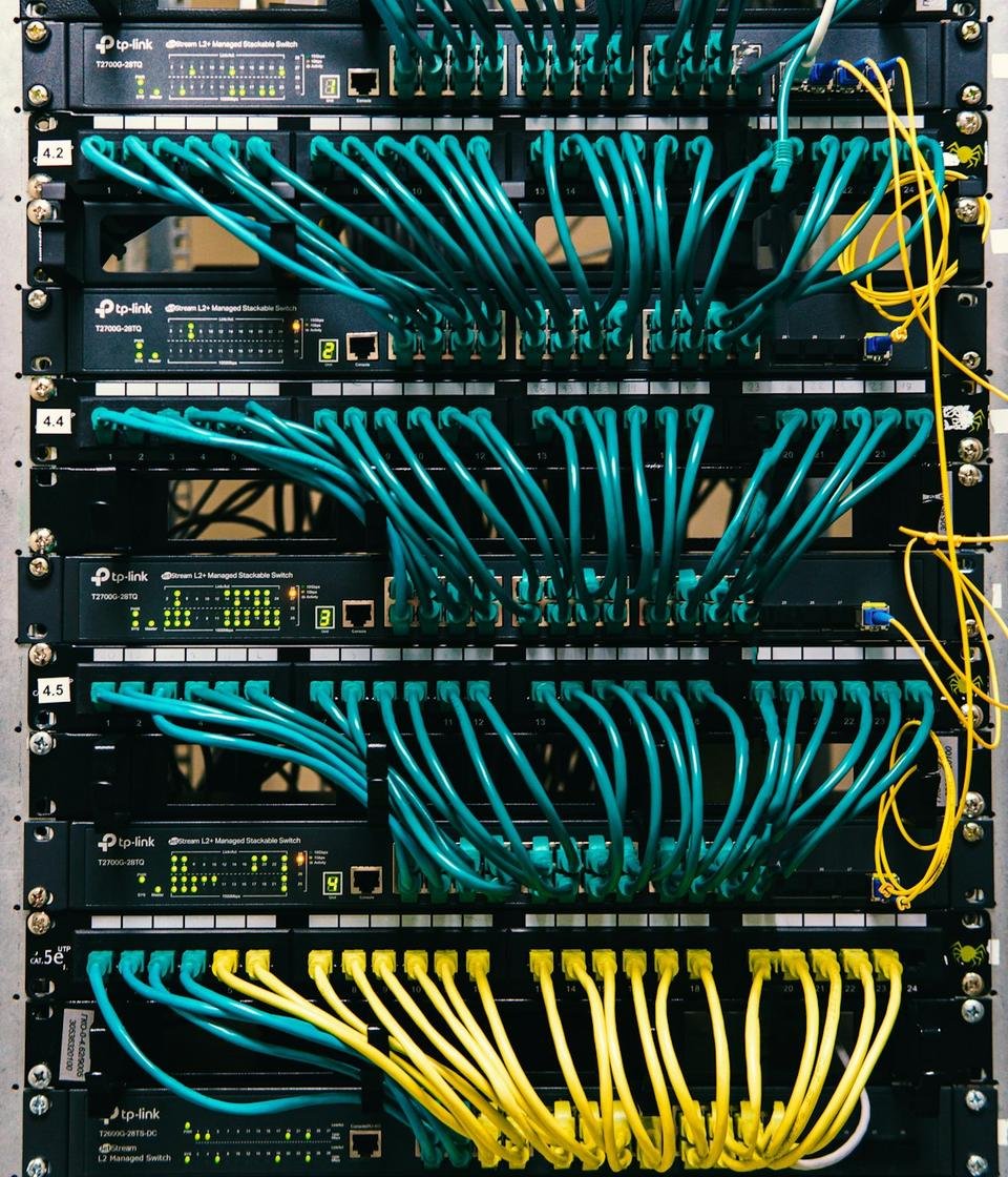 Organized commercial network rack with patched ethernet cabling
